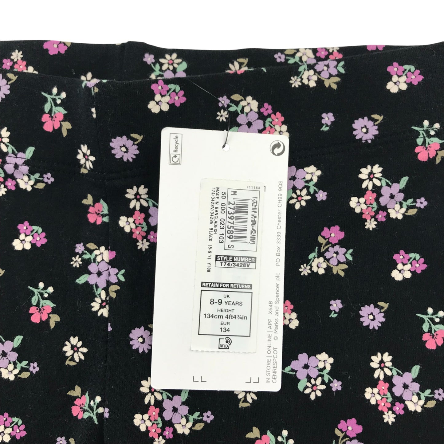 M&S leggings 8-9 years black floral print pattern cotton blend