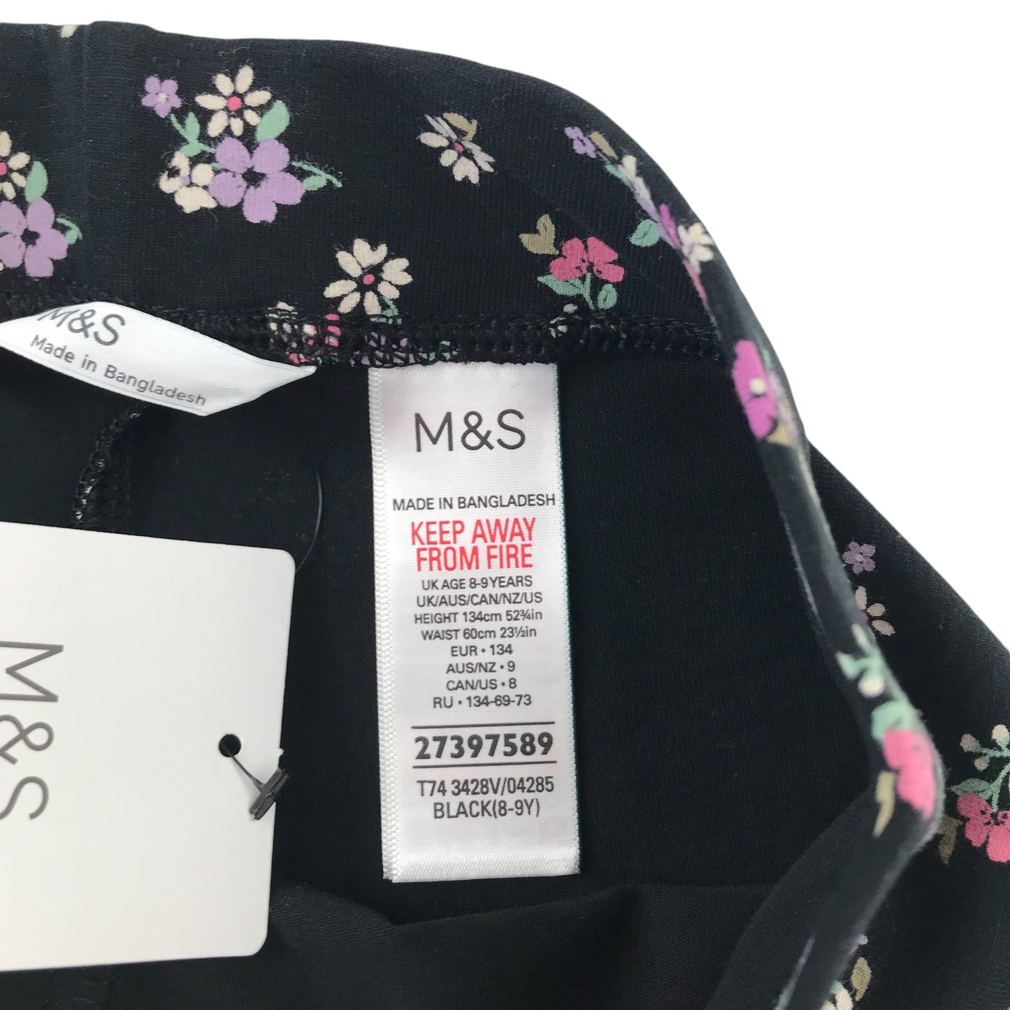 M&S leggings 8-9 years black floral print pattern cotton blend