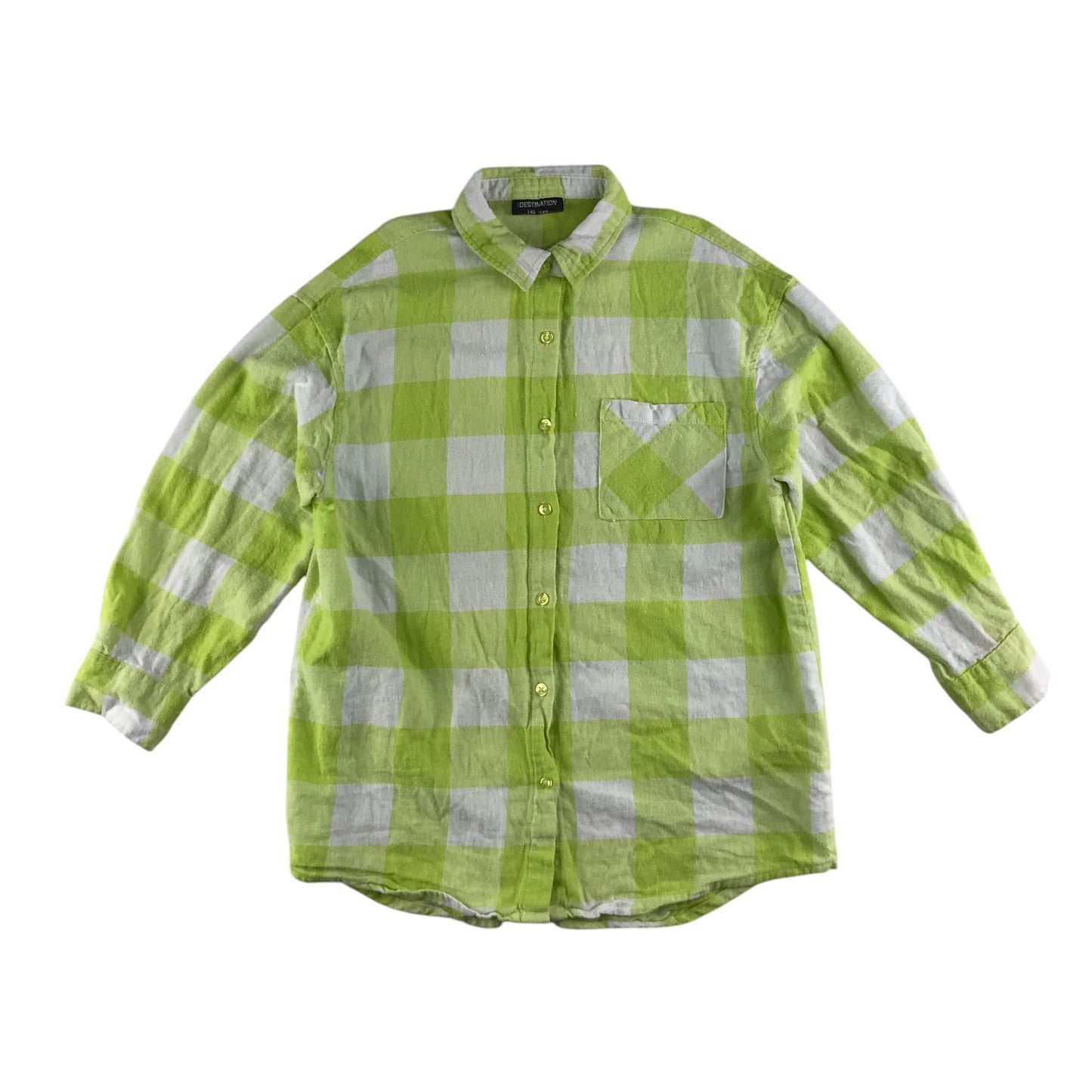 Destination shirt 9-10 years lime green and white check pattern button up cotton