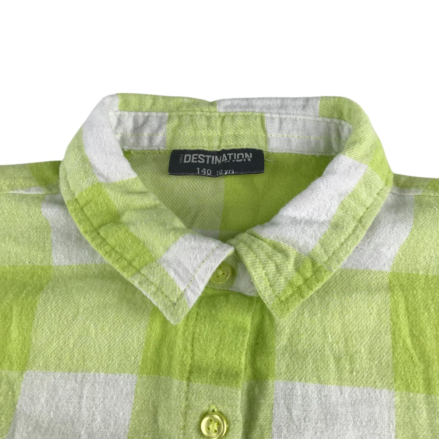 Destination shirt 9-10 years lime green and white check pattern button up cotton