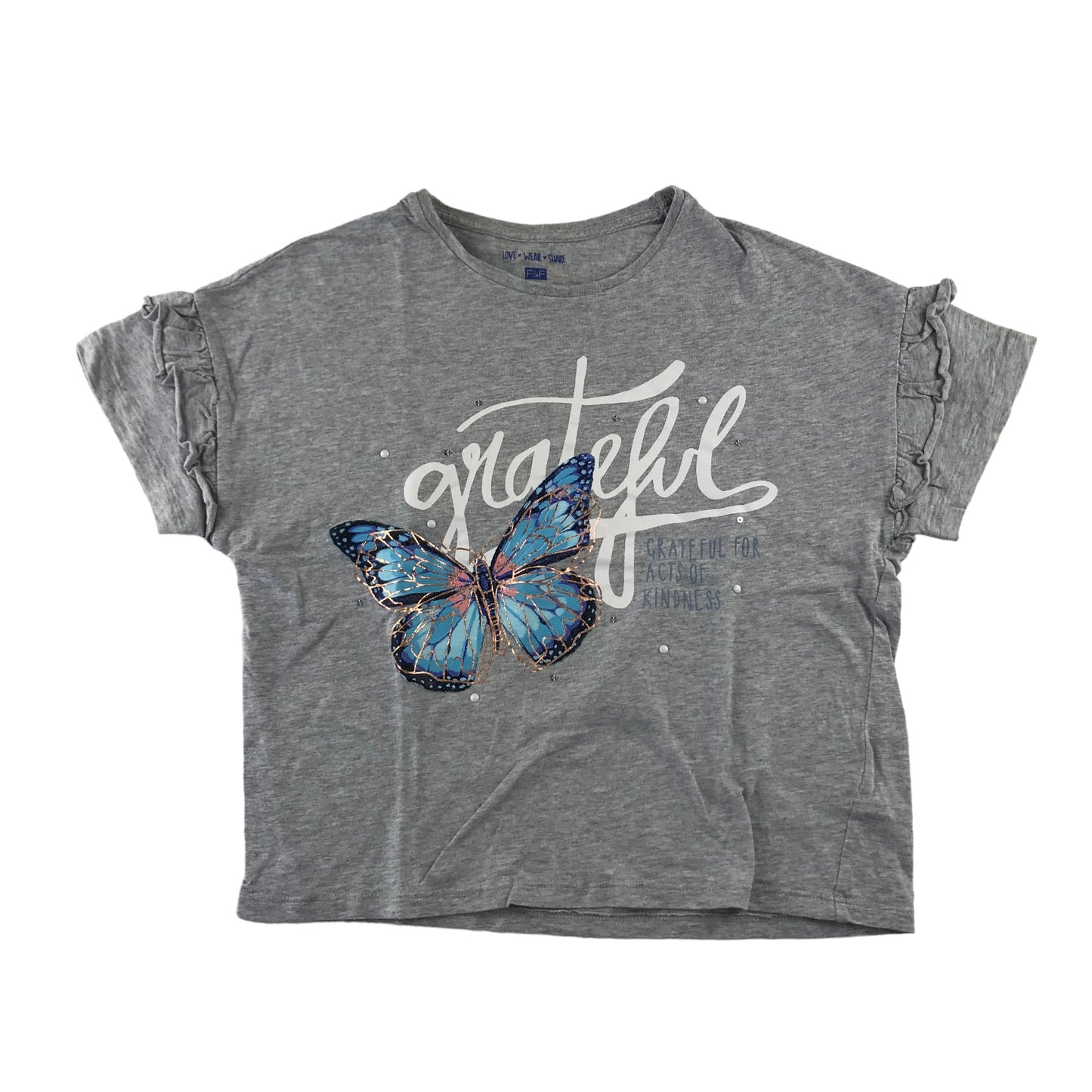 F&F t-shirt 11-12 years light grey butterfly print short sleeve