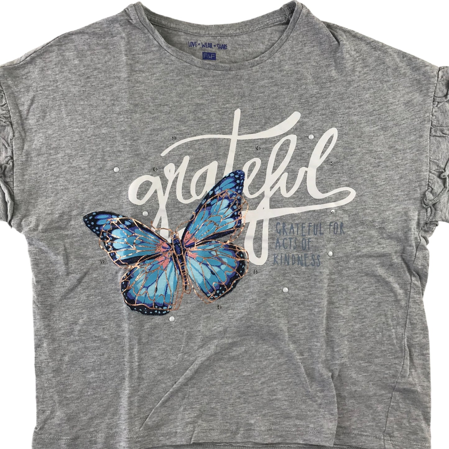 F&F t-shirt 11-12 years light grey butterfly print short sleeve