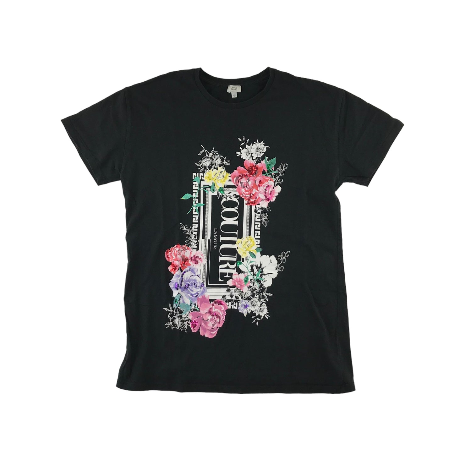 River Island t-shirt 11-12 years black floral Couture print cotton