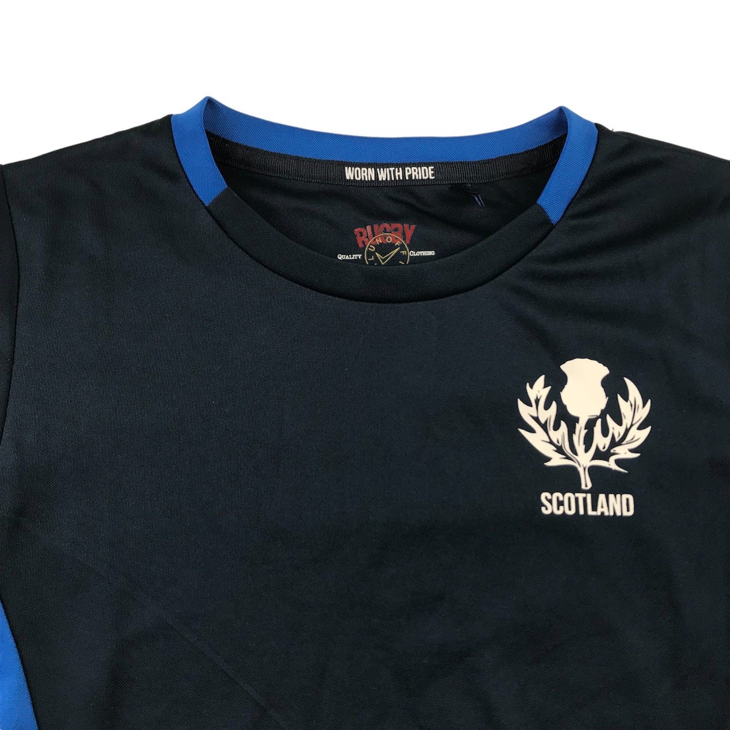 Rugby Heritage Sports Top Age 7 Navy with Blue Details and the Scotland Rugby Thistle Logo