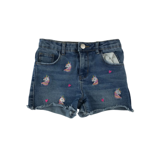 Primark shorts 6-7 years blue denim mid rise with embroidered unicorns