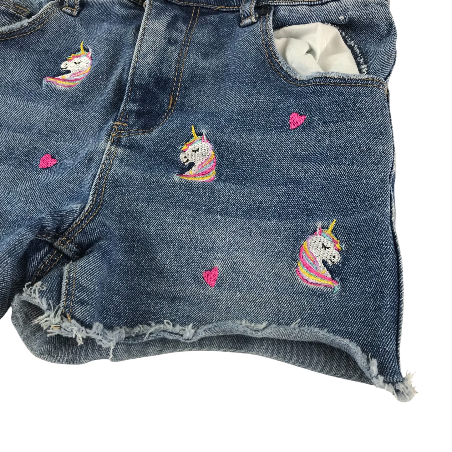 Primark shorts 6-7 years blue denim mid rise with embroidered unicorns