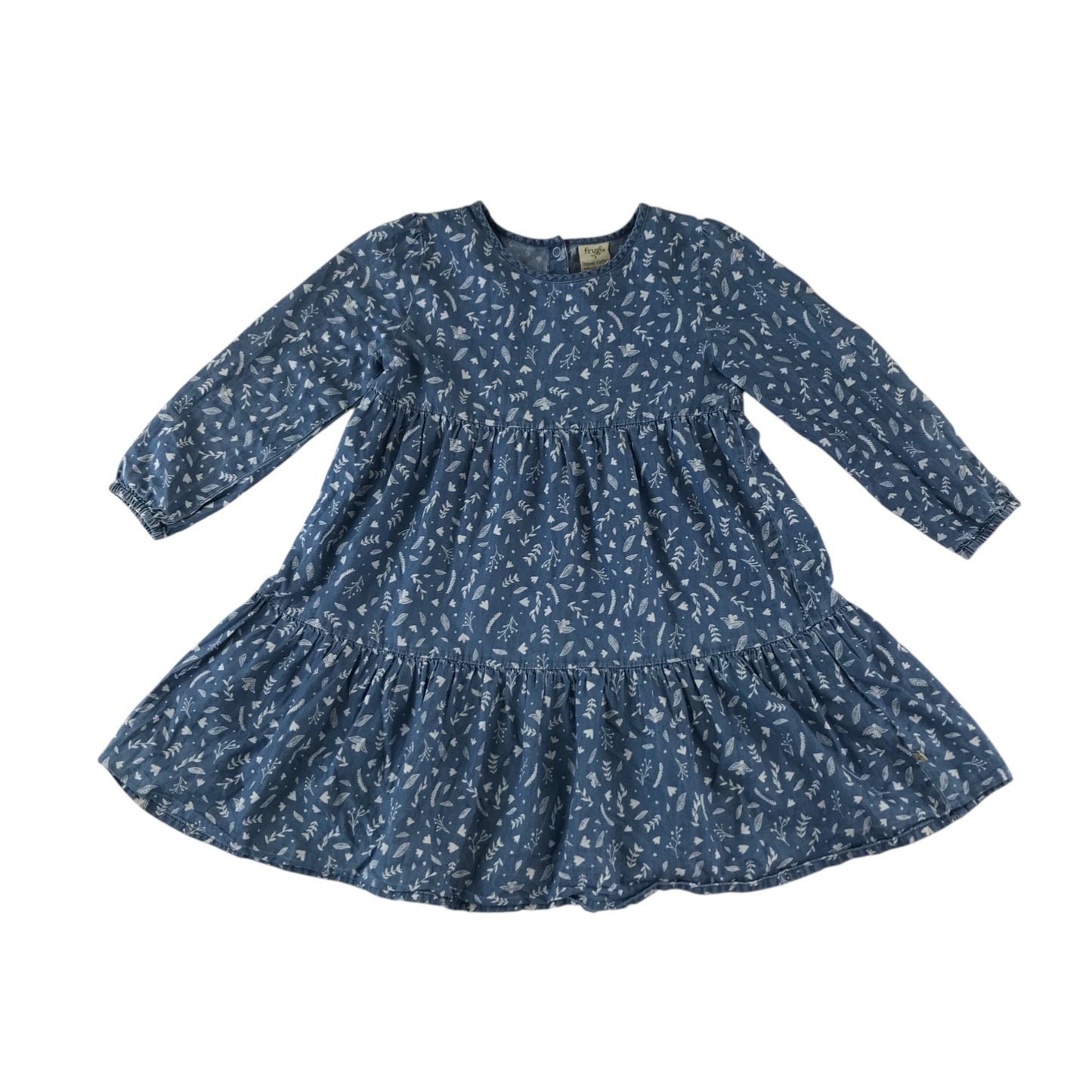 Frugi dress 5-6 years blue tiered with floral and leafy print pattern cotton