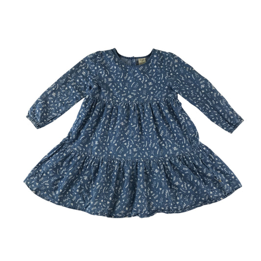 Frugi dress 5-6 years blue tiered with floral and leafy print pattern cotton