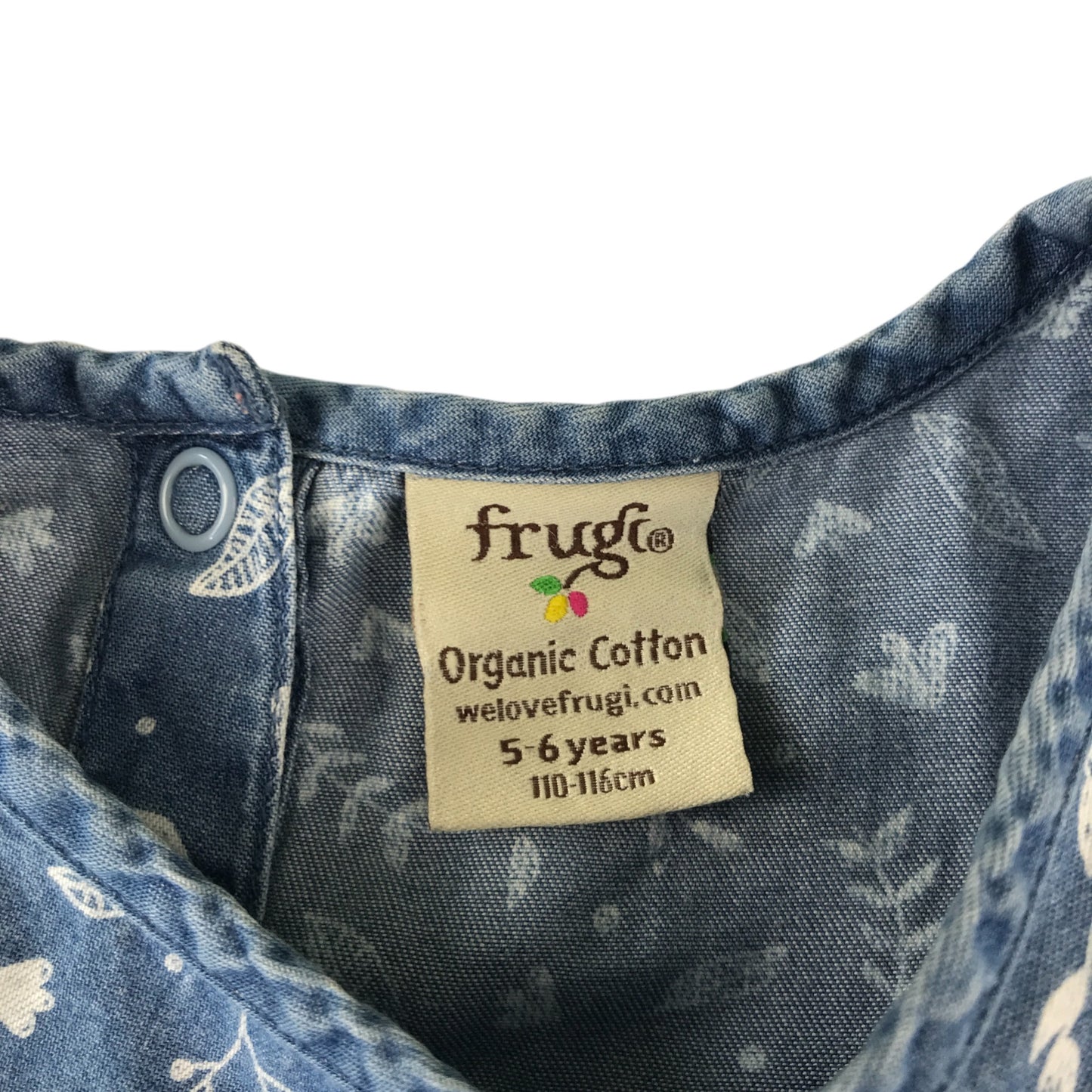 Frugi dress 5-6 years blue tiered with floral and leafy print pattern cotton