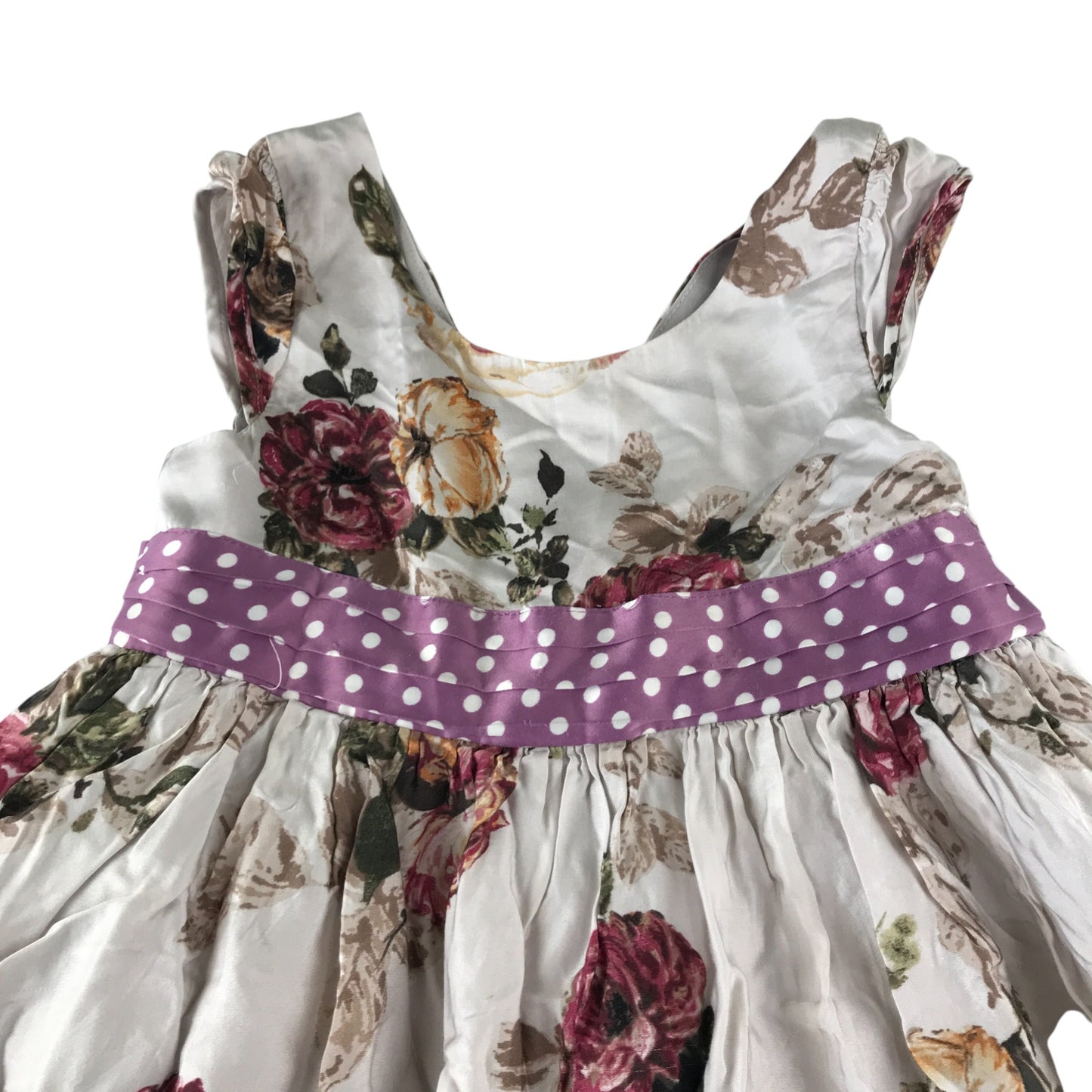 Monsoon dress 4-5 years light grey with large rose print pattern and canvas bowtie belt