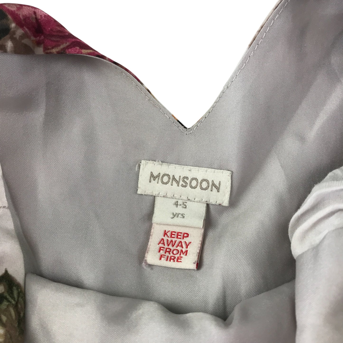 Monsoon dress 4-5 years light grey with large rose print pattern and canvas bowtie belt