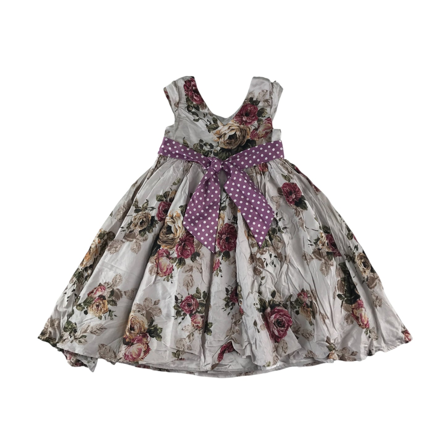 Monsoon dress 4-5 years light grey with large rose print pattern and canvas bowtie belt