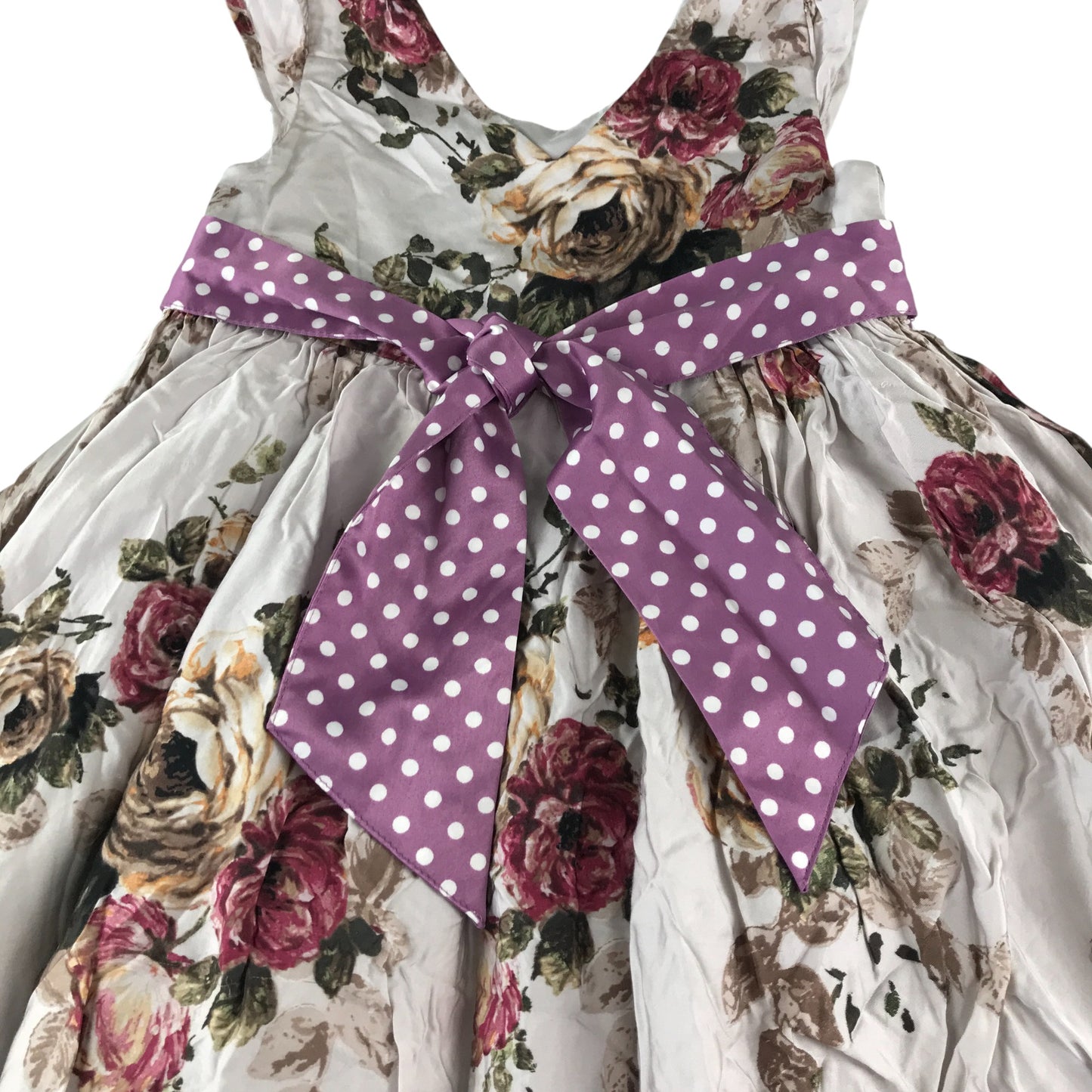 Monsoon dress 4-5 years light grey with large rose print pattern and canvas bowtie belt