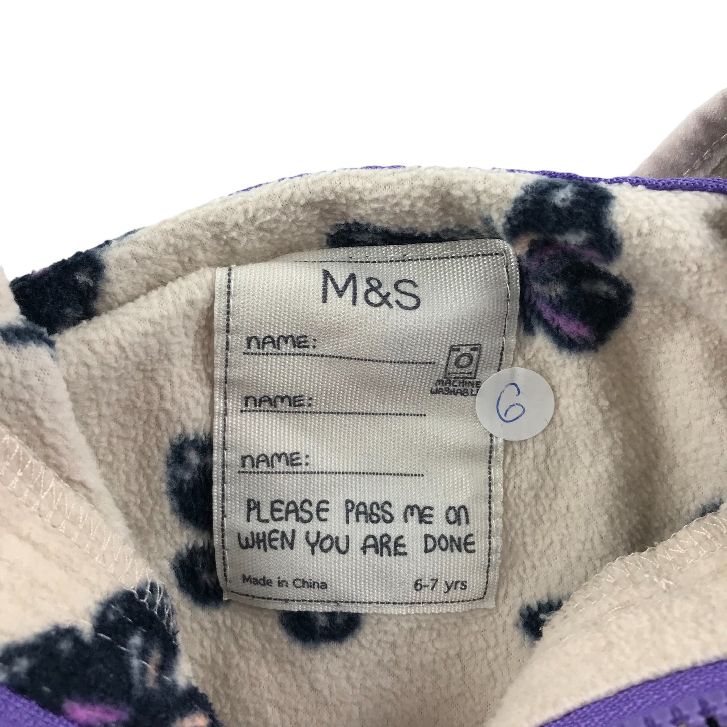 M&S Fleece Age 6 Light Cream White Purple Butterfly Print Pattern