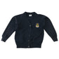 Second-hand Broomhill Primary girls navy jersey school cardigan, flat lay view with embroidered school badge.