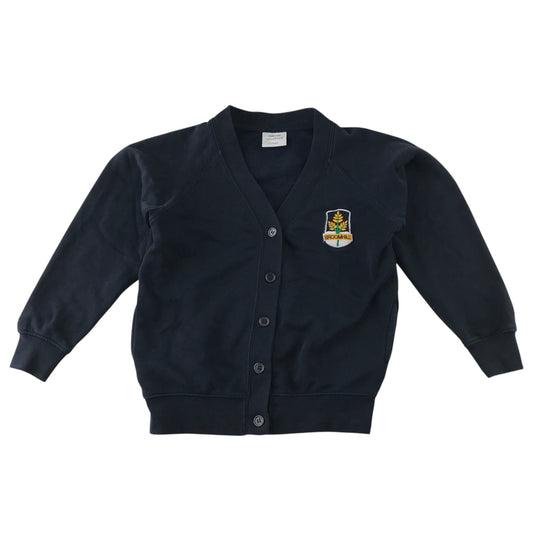 Second-hand Broomhill Primary girls navy jersey school cardigan, flat lay view with embroidered school badge.