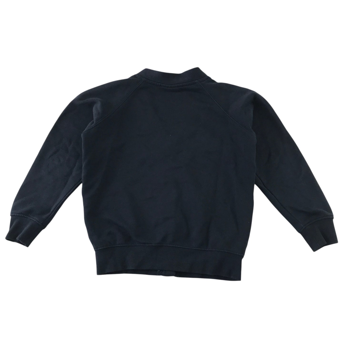 Second-hand Broomhill Primary girls navy jersey school cardigan, flat lay view with embroidered school badge.