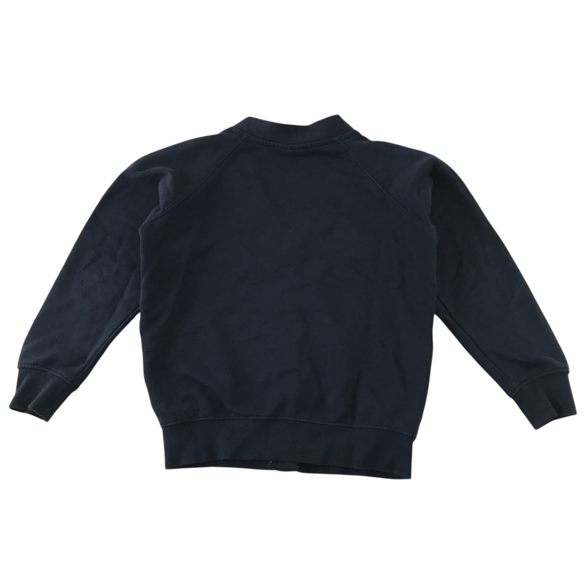 Second-hand Broomhill Primary girls navy jersey school cardigan, flat lay view with embroidered school badge.