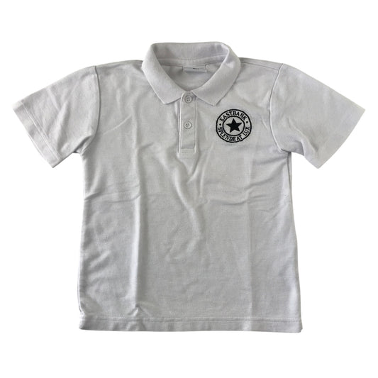 Second-hand Eastbank Primary School unisex white polo shirt, flat lay view with embroidered school badge.