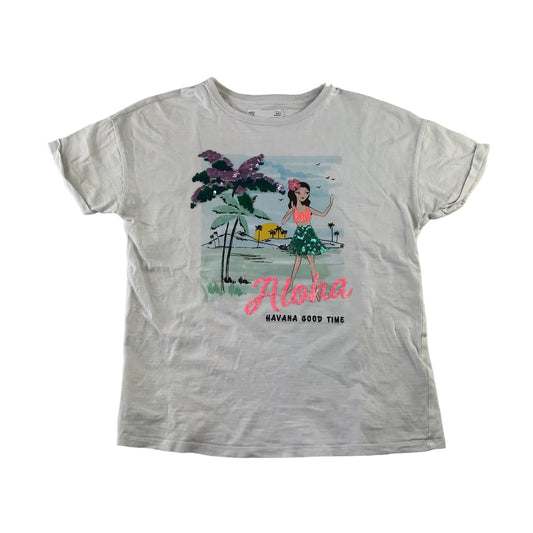 M&S t-shirt 12-13 years white Aloha Havana print and sequins cotton