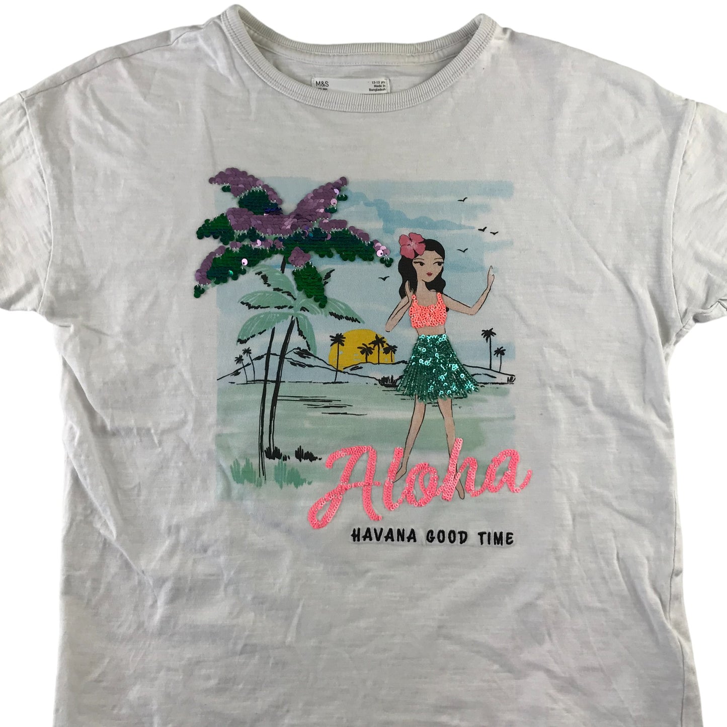 M&S t-shirt 12-13 years white Aloha Havana print and sequins cotton