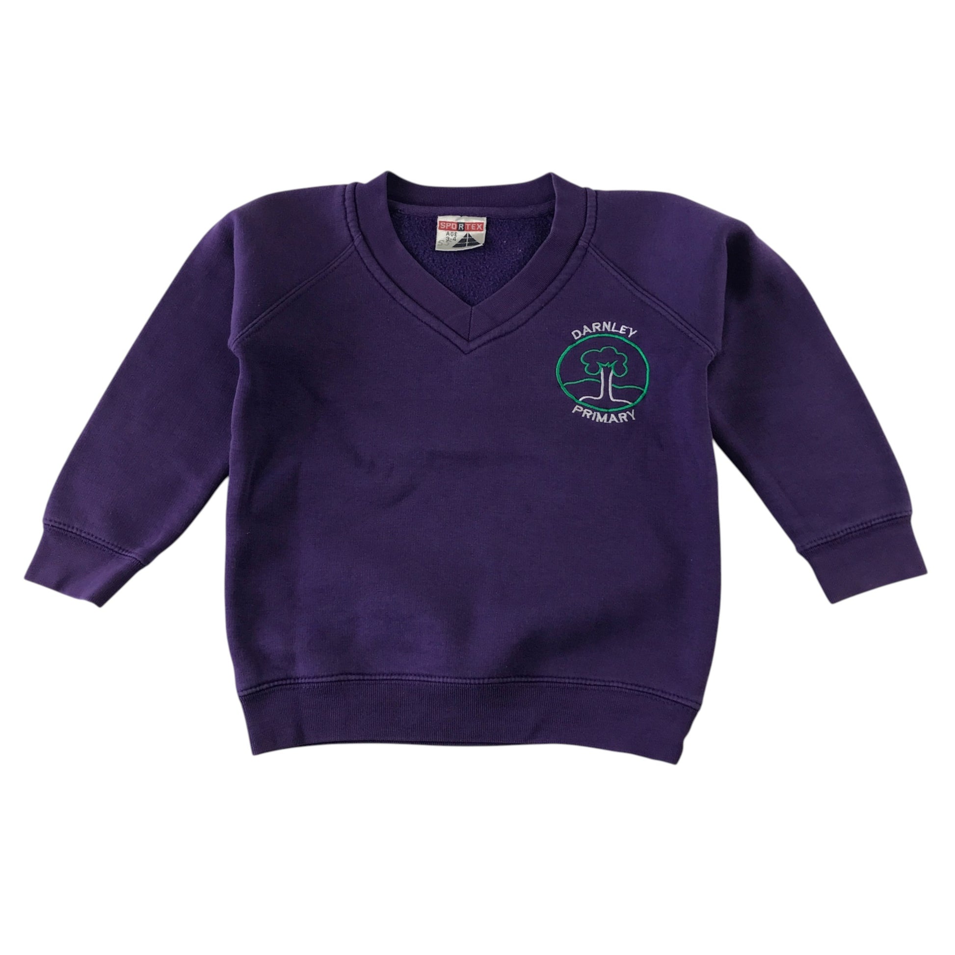 Second-hand Darnley Primary boys purple V-neck jersey sweatshirt, flat lay view with embroidered school badge.