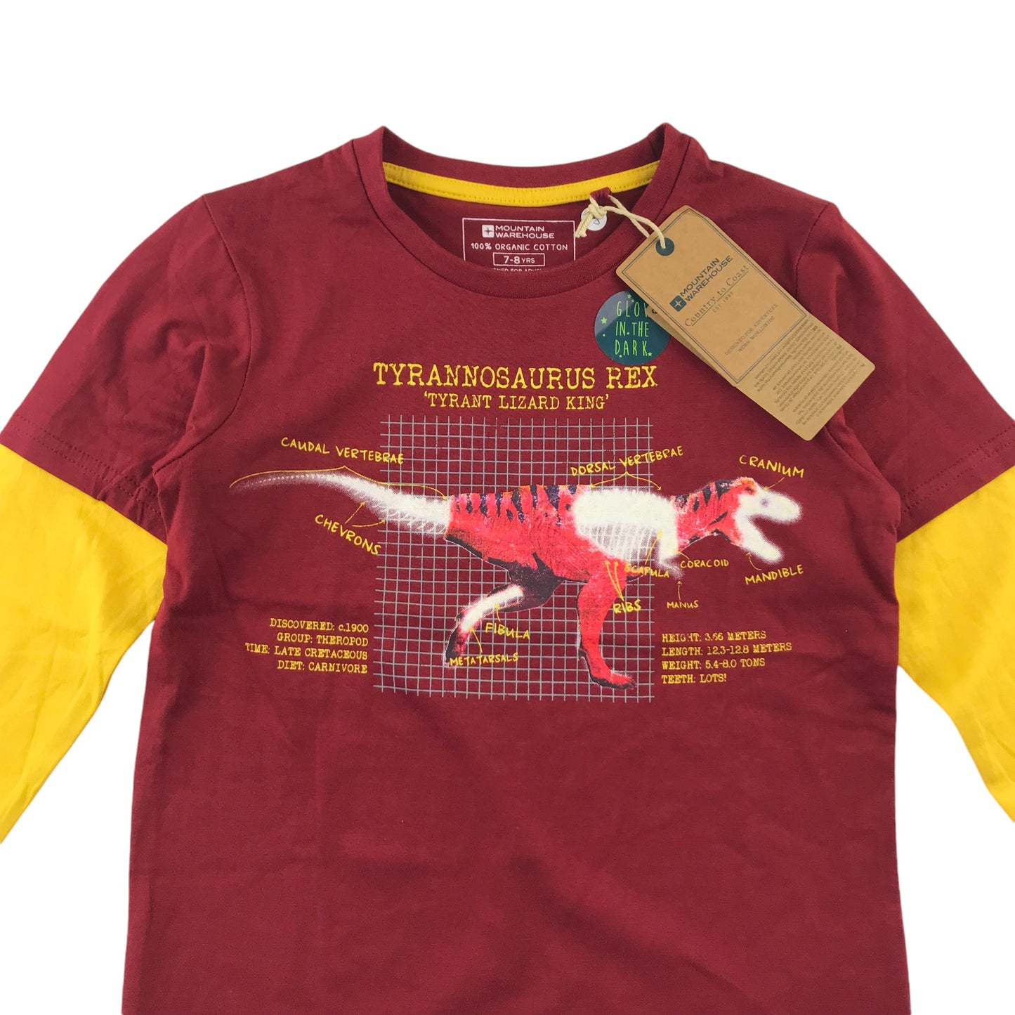 Mountain Warehouse t-shirt 7-8 years burgundy glow in the dark T-rex organic cotton