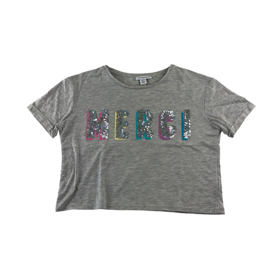 Primark t-shirt 12-13 years grey cropped sequin MERCI text