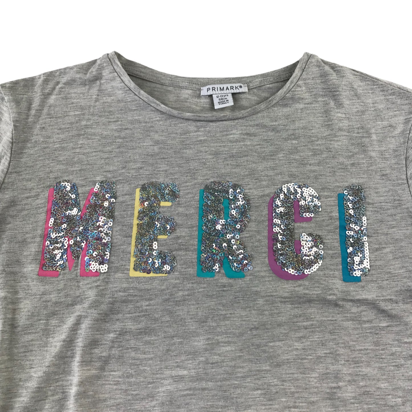 Primark t-shirt 12-13 years grey cropped sequin MERCI text