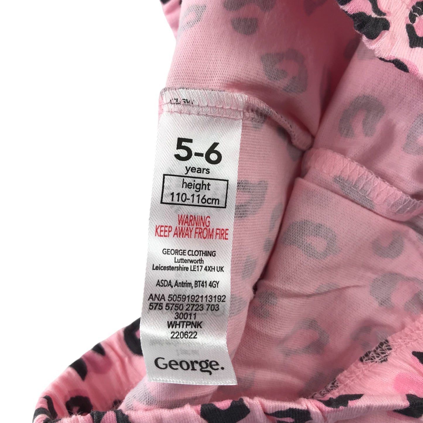 George pyjama set 5-6 years light pink butterflies and leopard spot print cotton