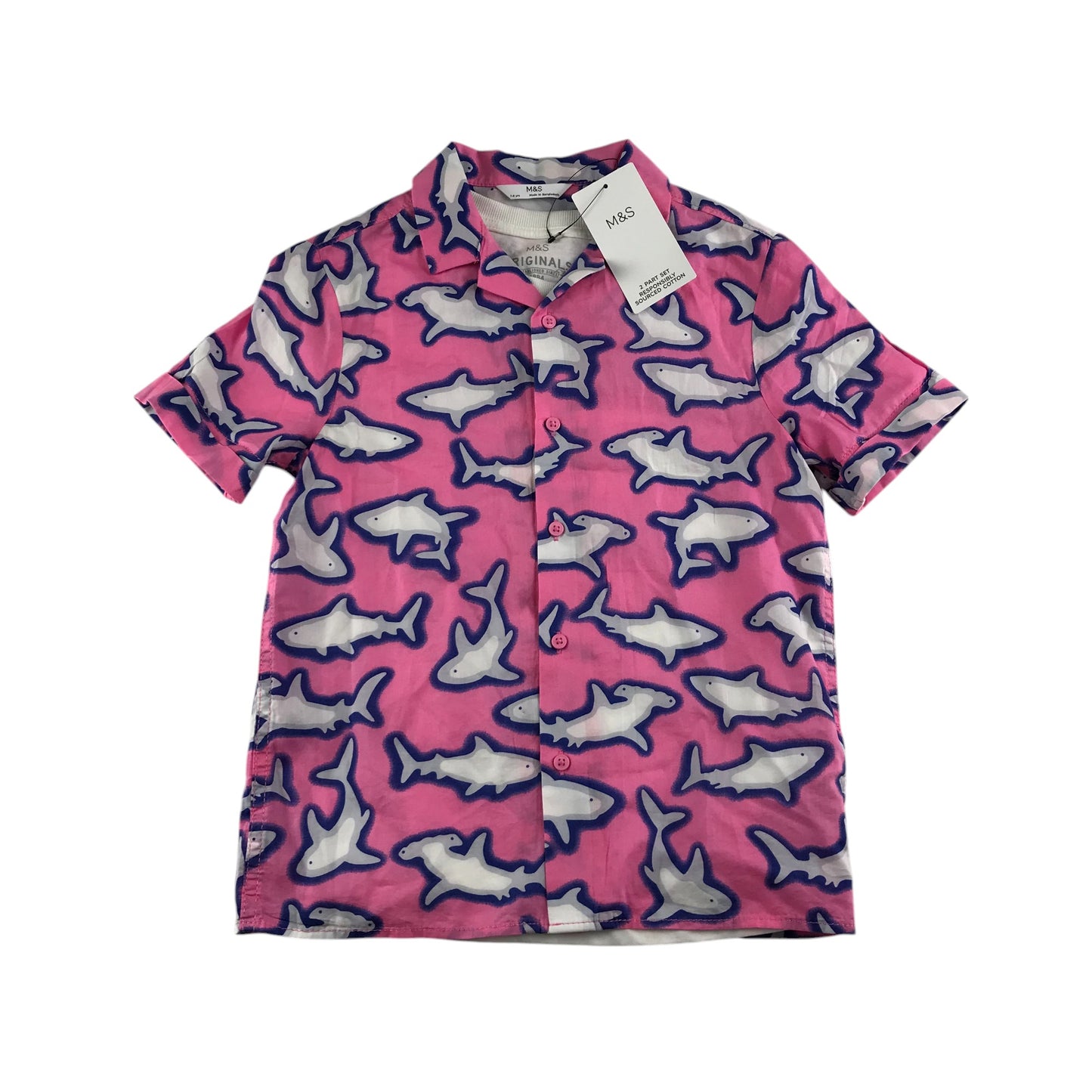 M&S shirt set 7-8 years pink sharks short sleeve summery outfit