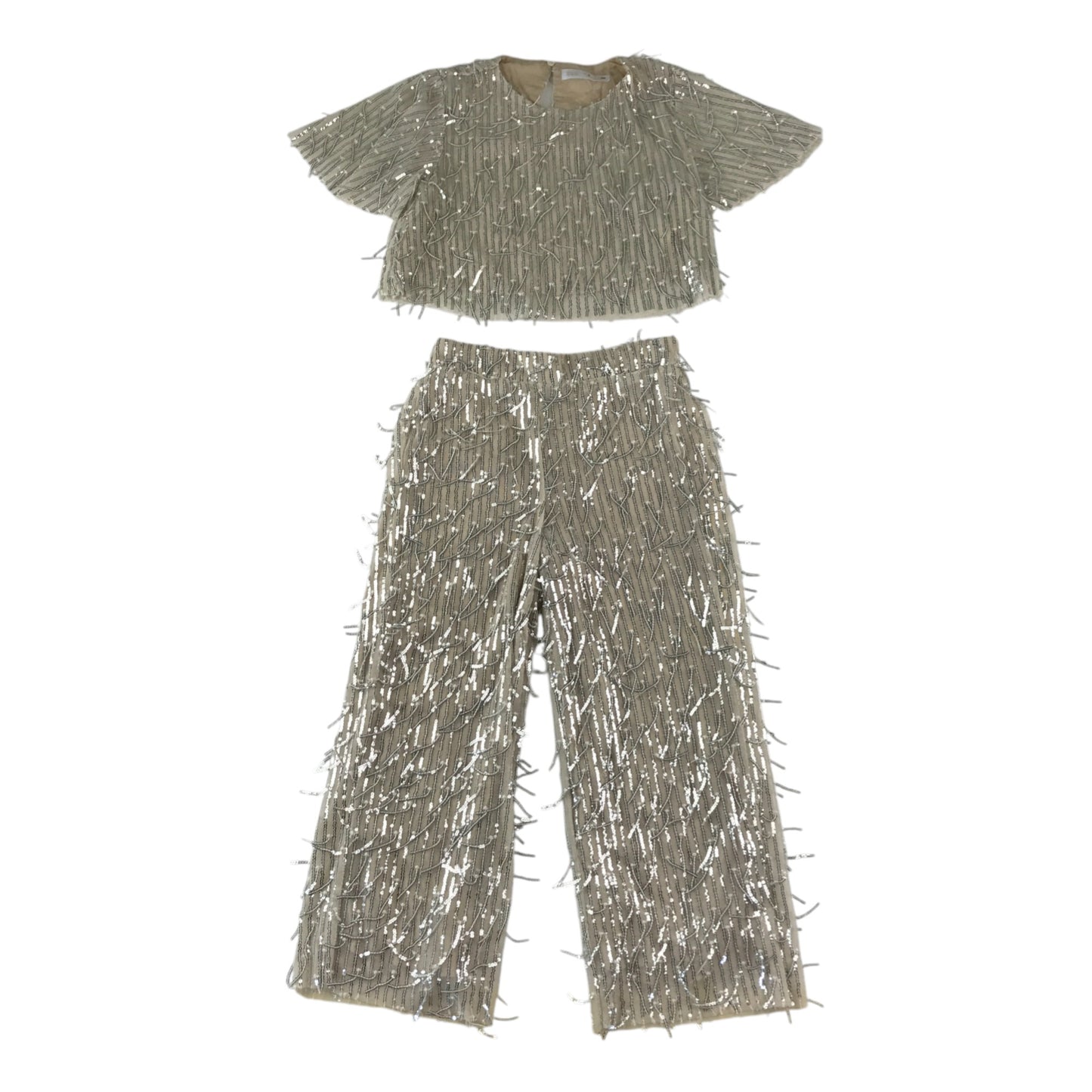 Zara set 7-8 years beige and silver sequin crop top and trousers