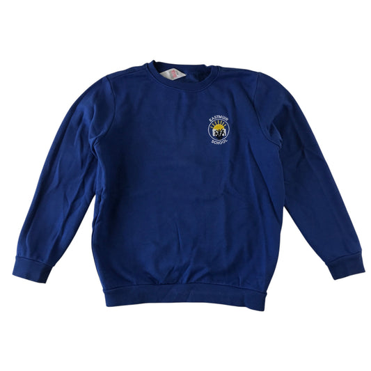 Second-hand Eastmuir Primary royal blue crewneck school sweatshirt, flat lay view with embroidered school badge.