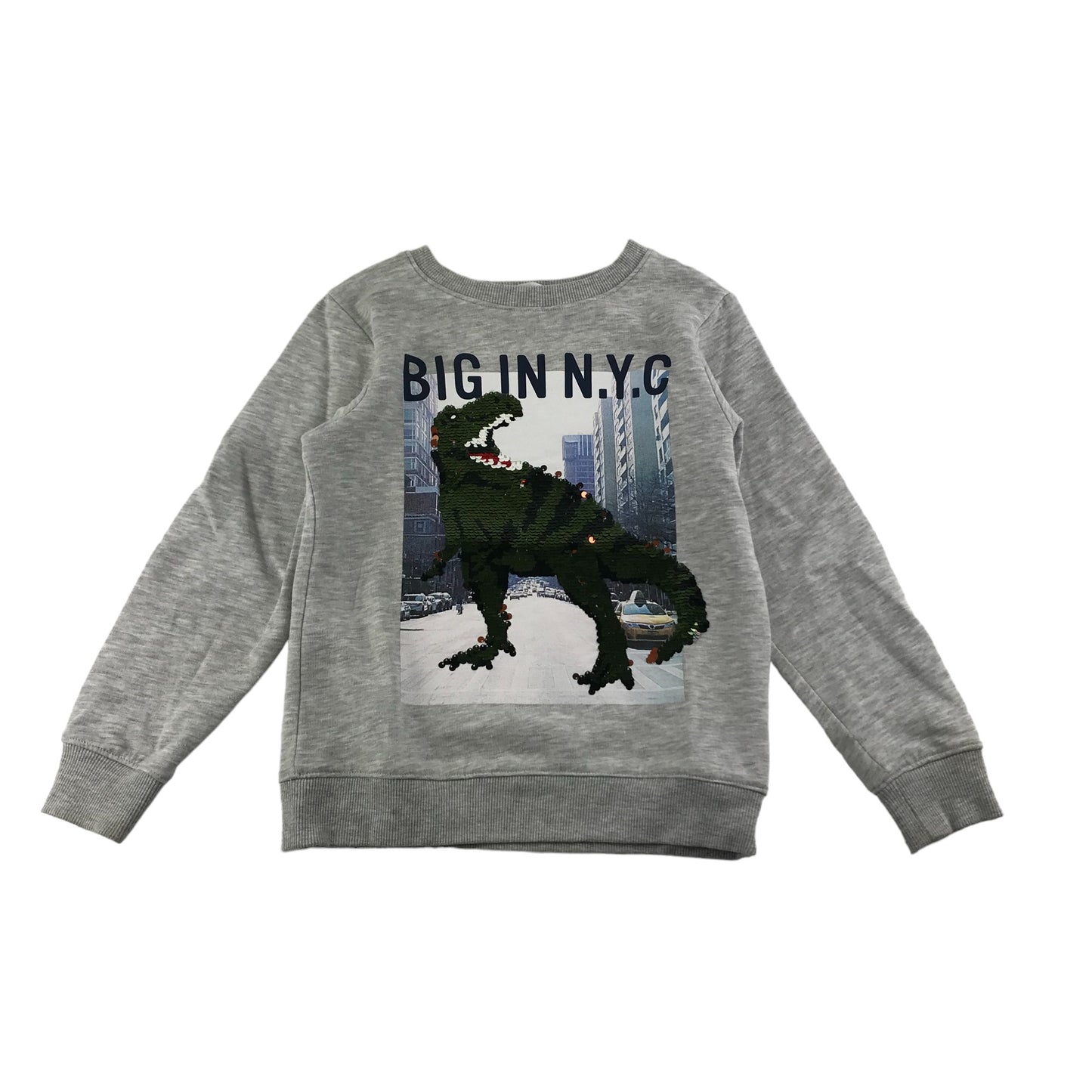 H&M Sweater Age 7 Grey NYC Sequin Dinosaur Jersey