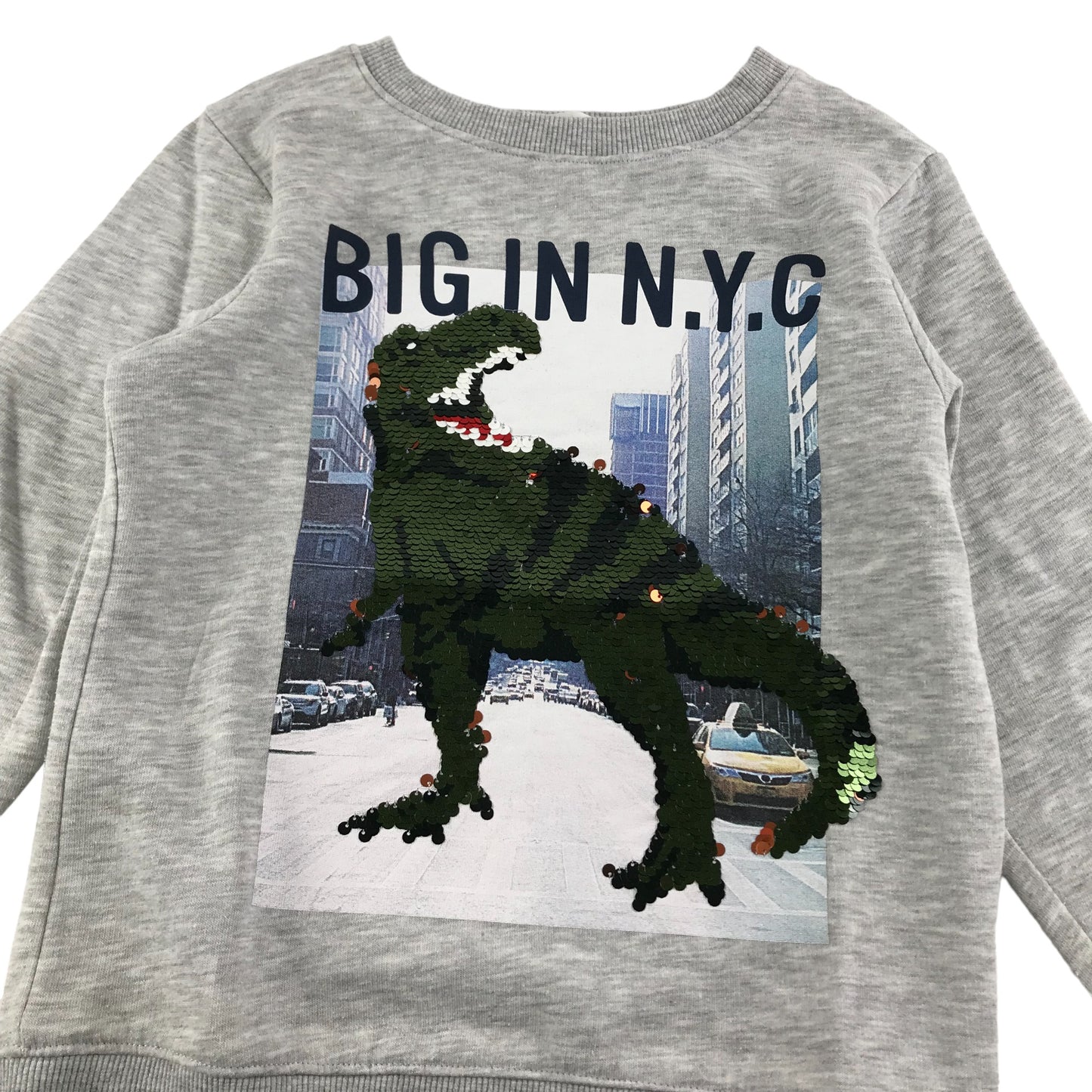 H&M Sweater Age 7 Grey NYC Sequin Dinosaur Jersey