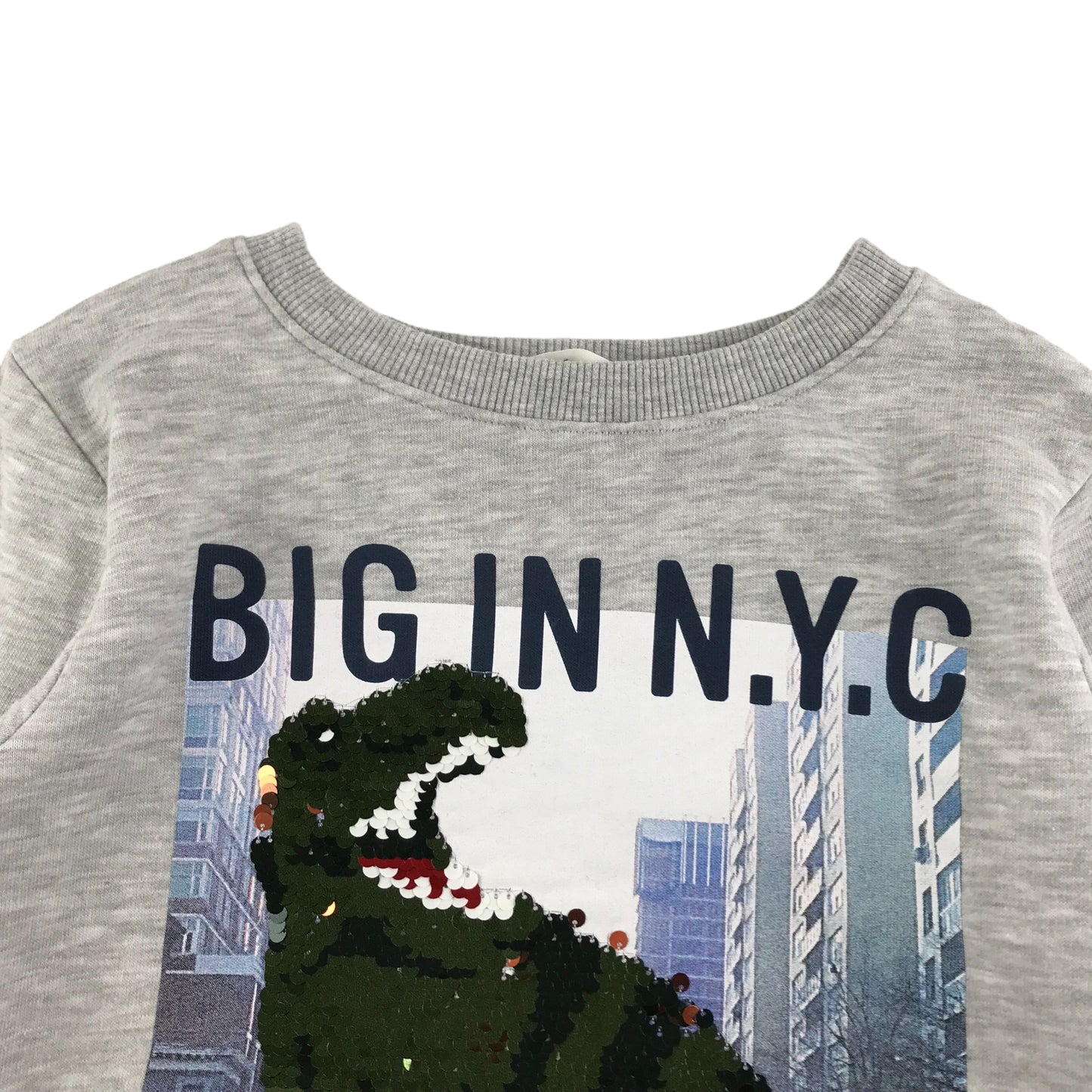 H&M Sweater Age 7 Grey NYC Sequin Dinosaur Jersey