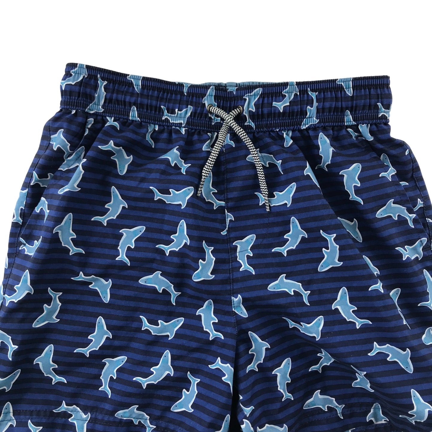 Next Swim Trunks Age 10-11 Navy Blue Stripy Sharks Print Shorts