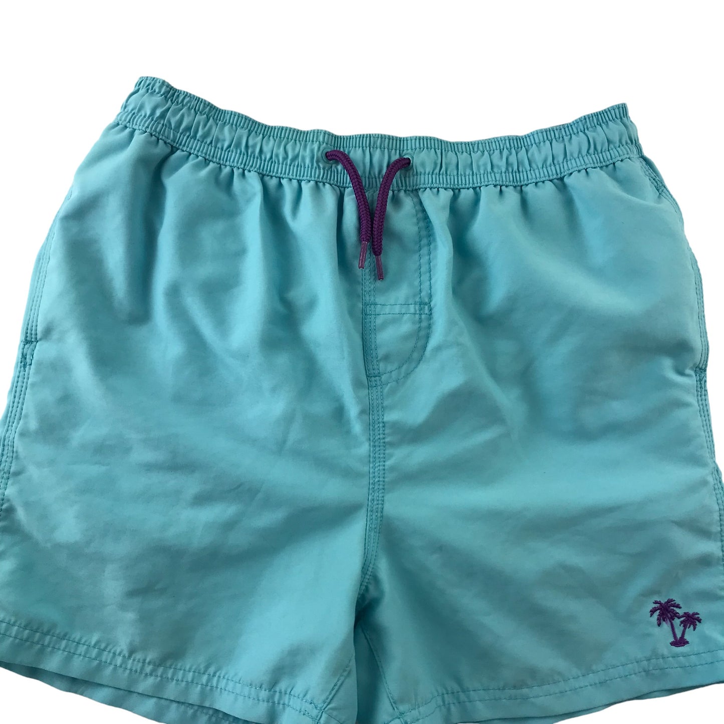 Next Swim Trunks Age 10-11 Light Blue Plain with Palm Tree Logo Shorts