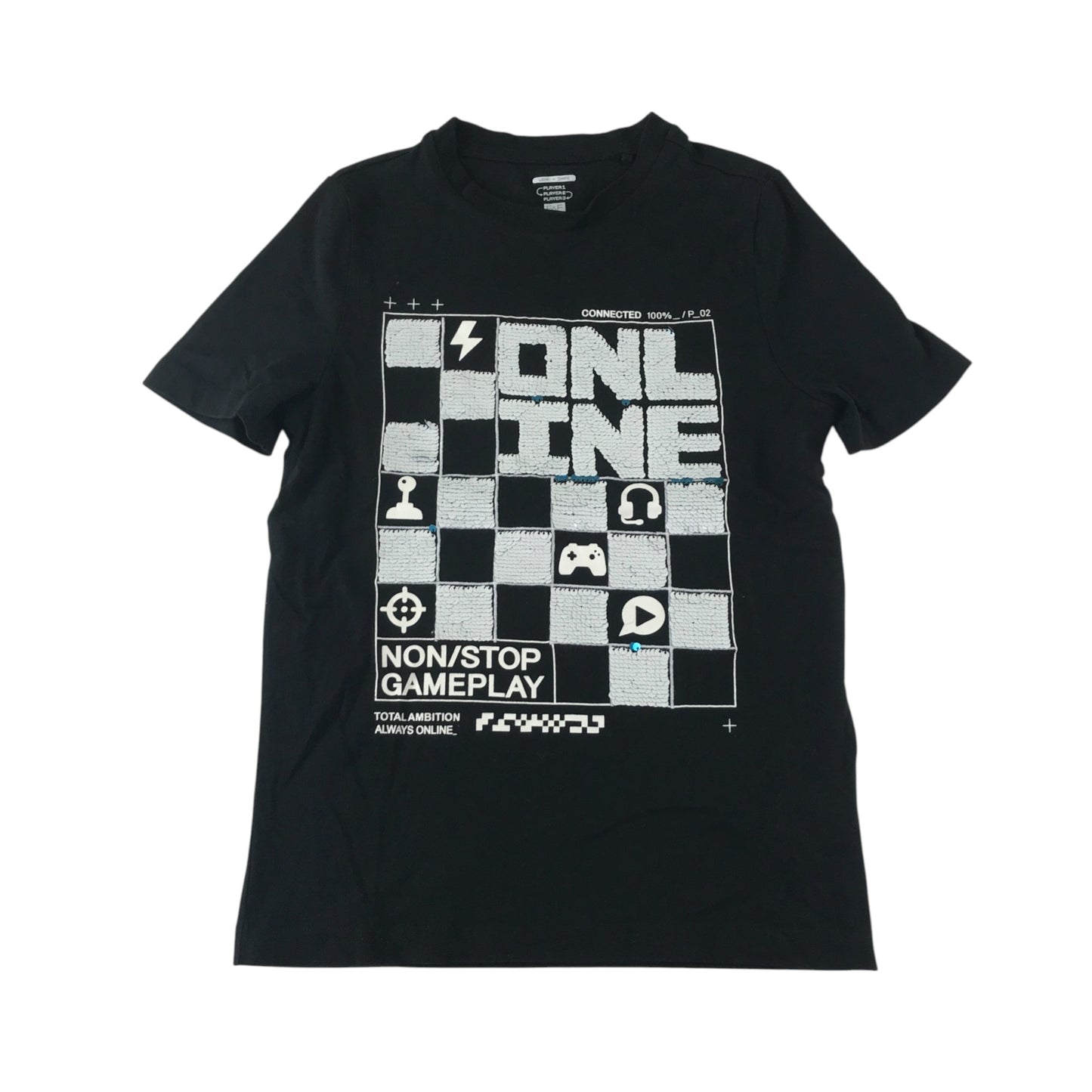 F&F T-Shirt 7-8 years black short sleeve with gamer flip sequin cotton