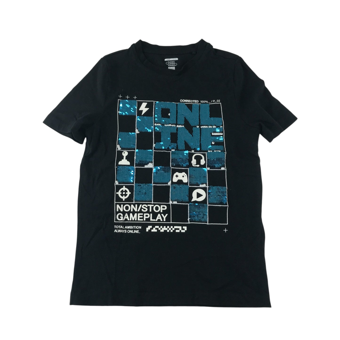 F&F T-Shirt 7-8 years black short sleeve with gamer flip sequin cotton