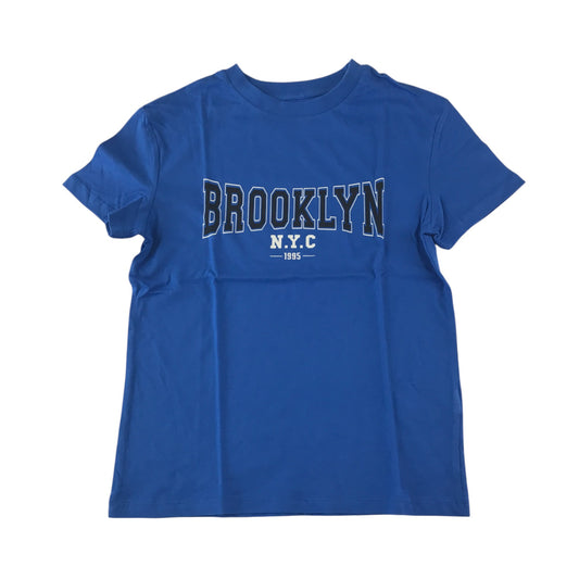 M&S T-shirt 7-8 years blue short sleeve with Brooklyn text in cotton