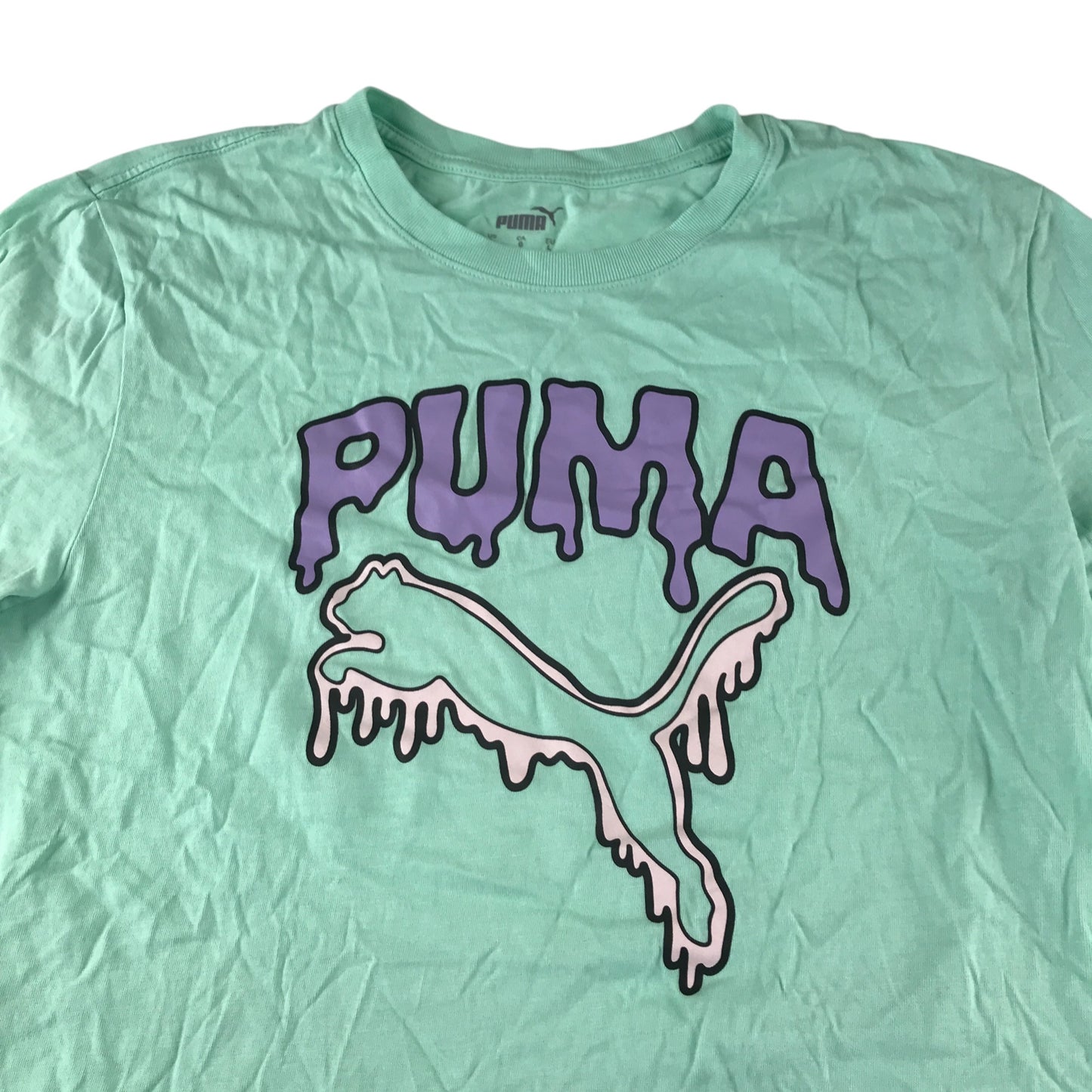 Puma t-shirt woman's L mint green dripping font and logo cotton
