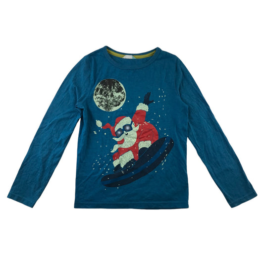 John Lewis Festive T-Shirt 9-10 Years Blue Santa on Snowboard Graphic Print