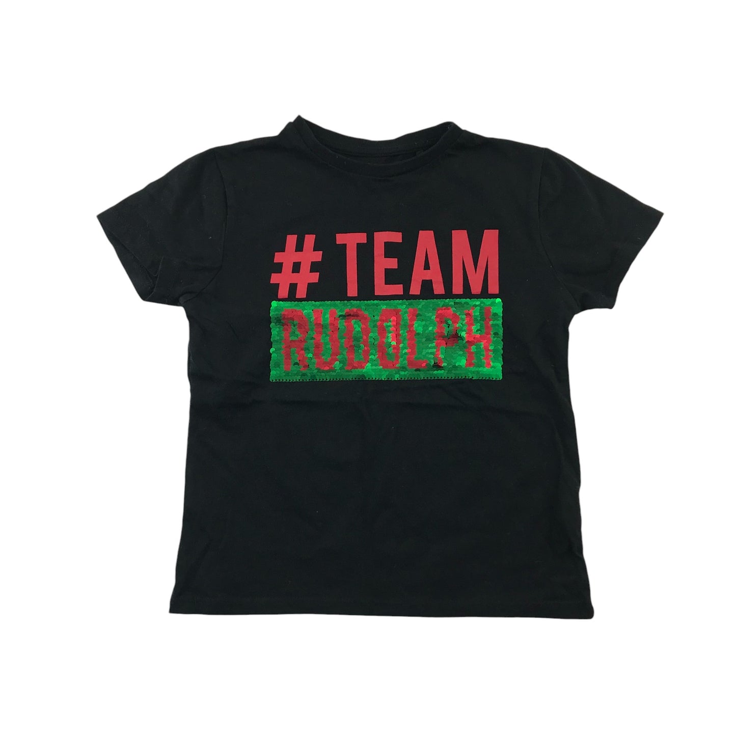 Primark Festive T-Shirt 5-6 Years Black Team Rudolph Team Santa Reversible Sequin Cotton