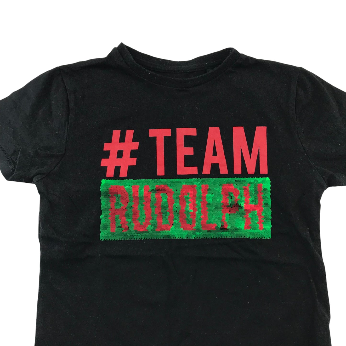 Primark Festive T-Shirt 5-6 Years Black Team Rudolph Team Santa Reversible Sequin Cotton