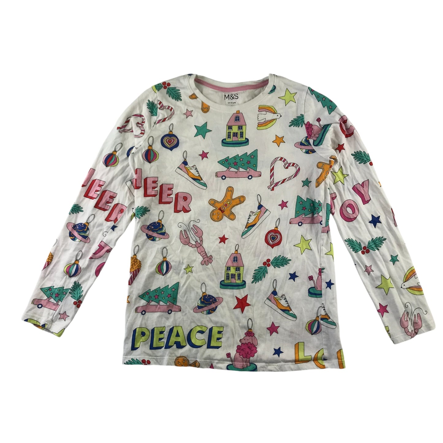 M&S Festive T-Shirt 12-13 Year White Graphic Print with Candy Canes and Ginger Bread Men Cotton