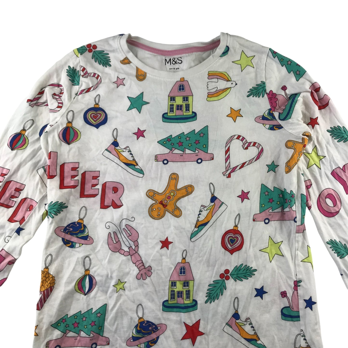 M&S Festive T-Shirt 12-13 Year White Graphic Print with Candy Canes and Ginger Bread Men Cotton