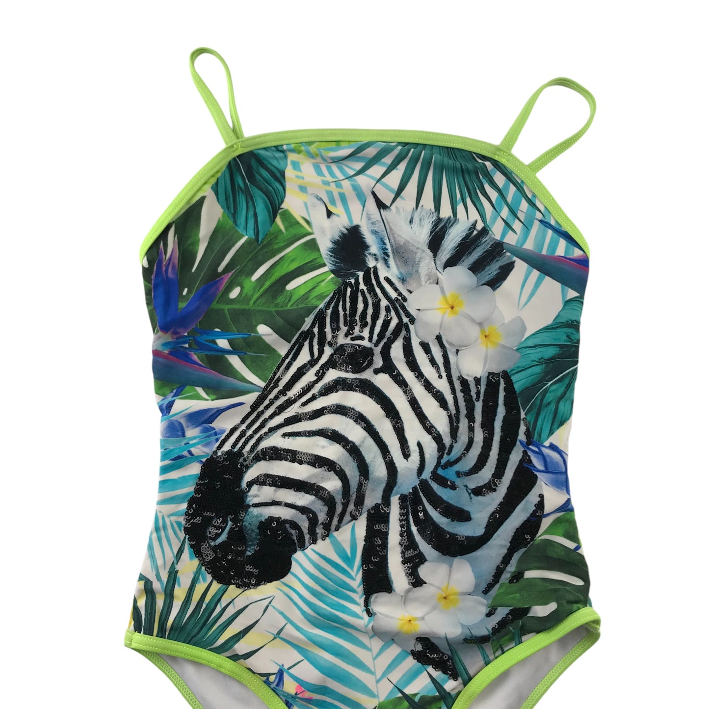 Bluezoo Swimsuit Age 9 Blue and Green Leafy Sequin Zebra One Piece Cossie