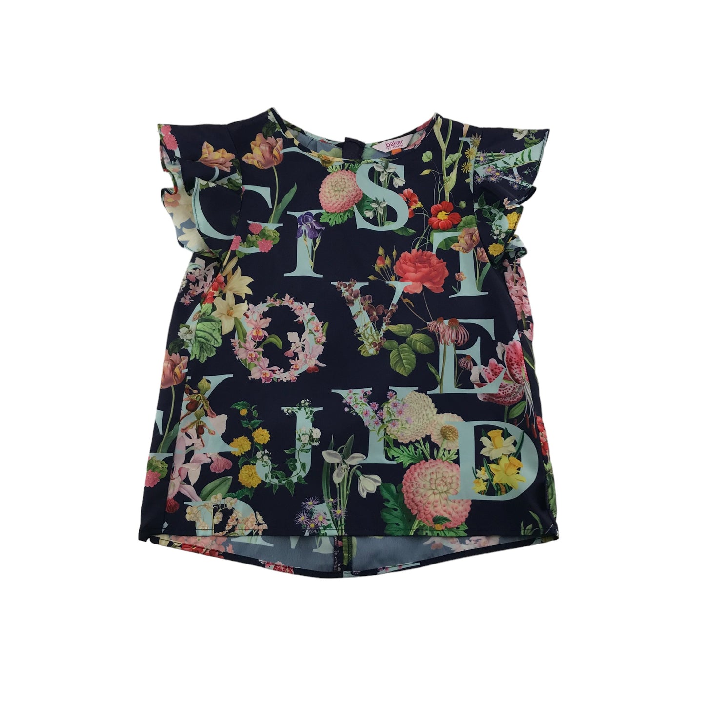 Ted Baker Blouse Age 8 Navy Blue Floral Sleeveless Frill Details