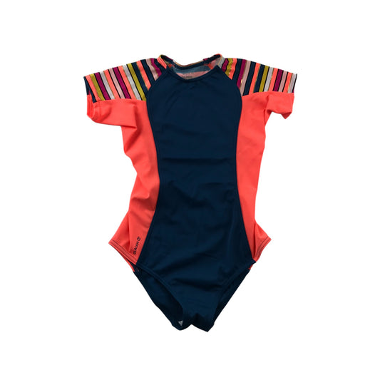 Decathlon Olaian Swimsuit Age 10 Navy Orange and Multicolour Stripy One Piece Cossie